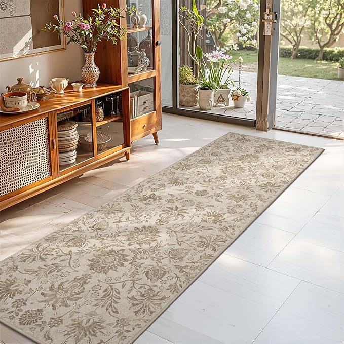 jinchan Torino Runner Rugs 2x5 - Vintage-Inspired Floral Neutral Design Machine Washable Non-Slip Ultra-Thin Low-Pile Rubber Backing Runner Rug for Kitchen Hallway Laundry Room Entryway Taupe