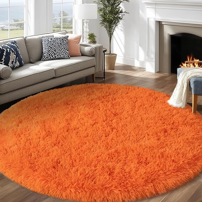 Round Orange Rug for Bedroom, 7 ft Circle Area Rugs for Living Room, Soft Large Fluffy Shag Carpet for Teen Girls Boys Nursery Room Dorm Home Decor Aesthetic