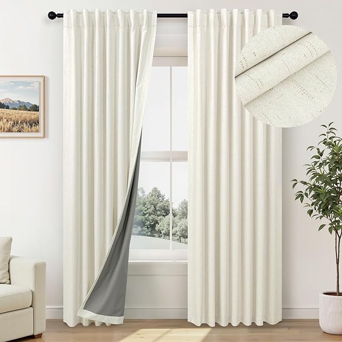 Pitalk 72 Inch Curtains for Living Room Black Out Linen Back Tab Loops Room Darkening Blackout Thermal Insulated Curtain for Bedroom 72 Inch Length 2 Panels Set Cream Ivory Off White Wide 38 x 72 Long