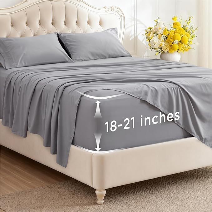 Bedsure Deep Pocket Twin Sheets Set - Fits Mattresses Up to 21 Inches Thick -3 Piece GentleSoft Bed Sheets, Moisture Wicking, Soft & Cooling Bedsheet & Pillowcases, Easy & Secure Fit, Light Grey