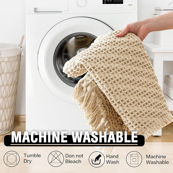 H.VERSAILTEX Waffle Bath Runner Rug Long Bath Mat Super Absorbent Boho Bath Rugs Non Slip Bath Runner for Bathroom Floor Machine Washable Dry Fast Bathroom Rugs with Tassels, 24" x 60", Sand