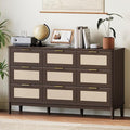 LINSY Rattan 9 Drawer Dresser for Bedroom, 58" Wide Mid-Century Modern Tall Chest of Drawers, Deep Storage Dresser with Curved Corner Design, Large Accent Wood Cabinet for Bedroom, Walnut