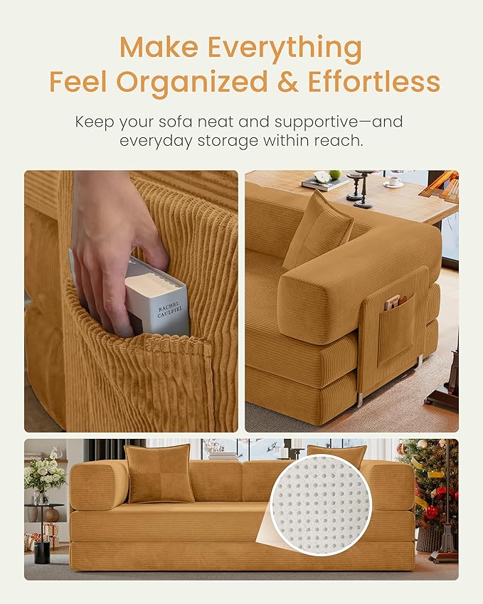 78.8" Convertible Futon Sofa Bed,Corduroy Futon Couch with Storage Pocket,Folding Pull Out Sofa,No Assembly Boneless Couch for Living Room,Yellow