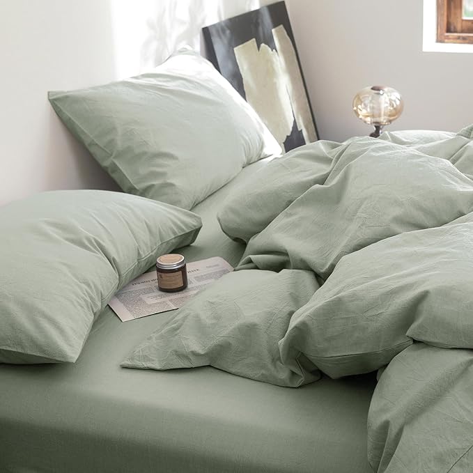 FOSSA Duvet Cover Set 100% Washed Cotton Linen Feel Super Soft Breathable Cozy Simple Style 3 Pieces Bedding Sets Solid Sage Green Super King Plus