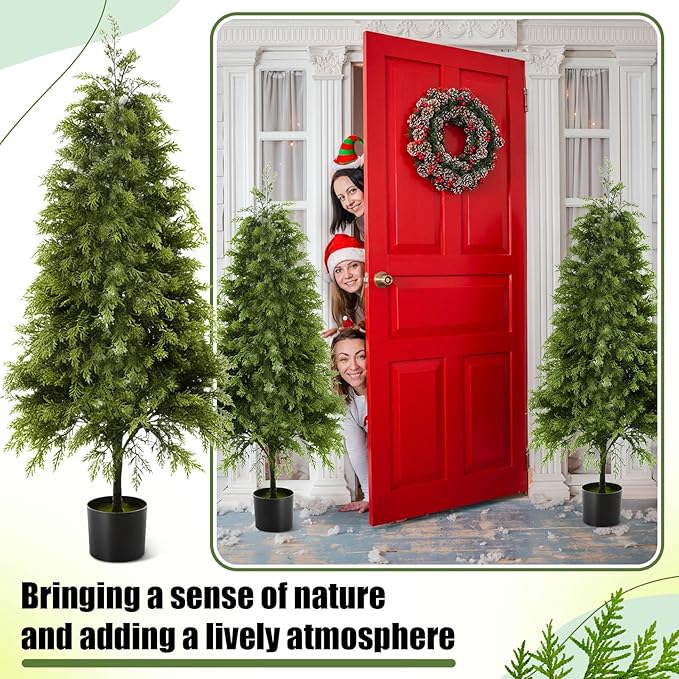 Giegxin 2 Pack 4ft Artificial Cedar Topiary Trees with Planter Outdoor Christmas Tree Decorations Faux Cypress Plants UV Resistant Potted Bushes Faux Shrubs for Outdoor Indoor Front Door Porch Garden