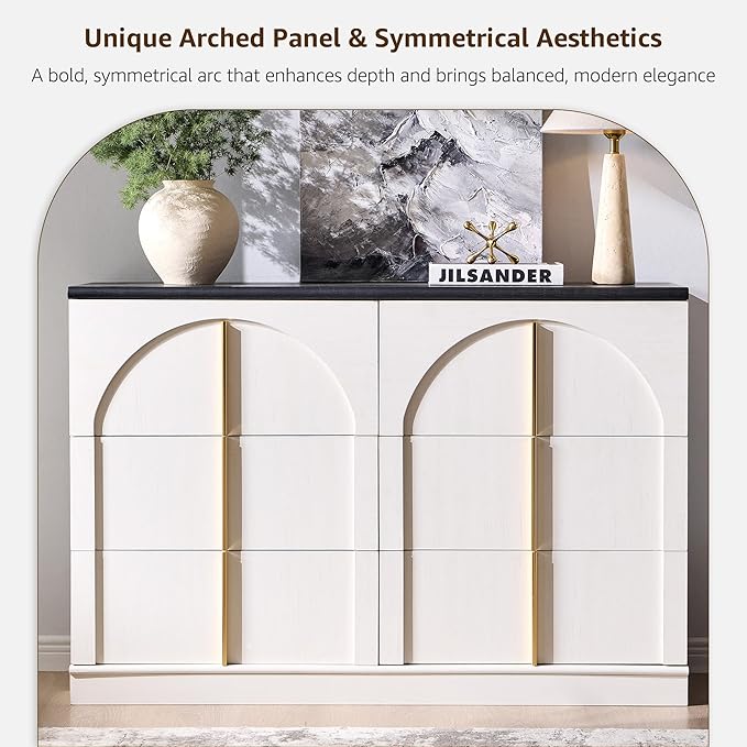 ACCOHOHO Arched Dresser for Bedroom with 6 Drawers, 47.3" Wide Modern Chest of Drawers with Rounded Edge & Metal Handles, Wood Storage Closet Dressers TV Stand for Living Room, Hallway, White