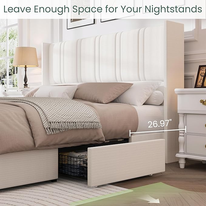 LARMACE King Size Bed Frame with 4 Storage Drawers and Wingback Headboard Linen Upholstered Platform Bed Frame with Wooden Slats, Easy Assembly, White