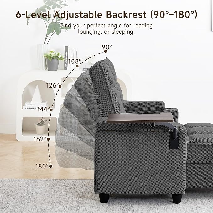 41.7" Chaise Lounge Chair Indoor, Oversized Boucle Upholstered Sofa Bed, Adjustable Backrest Deep Seat Reading Chair, Sofas Couches for Living Room with Storage, Cup Holders & 360° Swivel Side Table