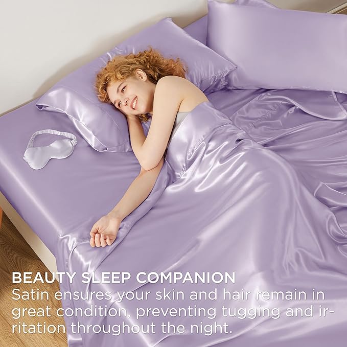 Bedsure Satin Sheets King Size - 4 Piece Silky Bedsheets with 15 Inches Deep Pocket Fitted Bedsheet,1 Flat Sheet, 2 Satin Pillowcases, Good for Hair & Skin (King, Lavender)