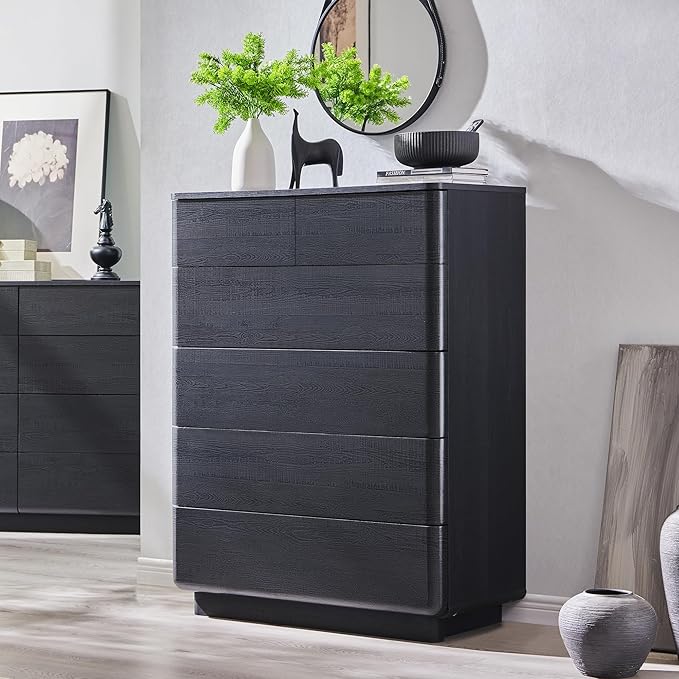 ACCOHOHO 6 Drawer Dresser for Bedroom, 42 Inch Tall Modern Chest of Drawers, Push-to-Open Wood Storgae Organizer with Large Drawers for Bedroom, Living Room, Hallway, Black