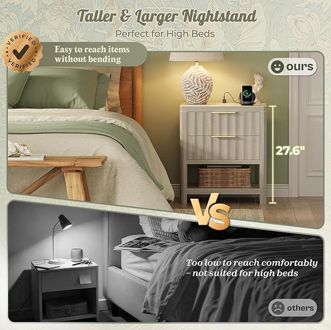 Huuger 27.6 Inch Tall Night Stand with Charger Station, USB-C Port, Fluted Nightstand with 2 Deep Drawers, Larger Wider Bed Side Table with Open Shelf, Bedroom Living Room End Table, Grey