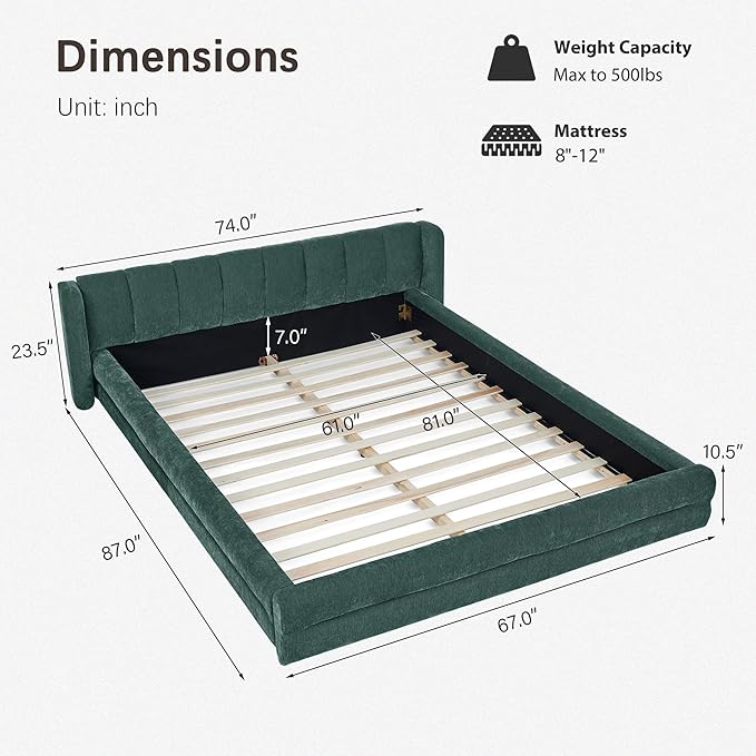DEINPPA Queen Size Bed Frame with Cloud Soft Headboard, Chenille Upholstered Grounded Wood Base Bed Frame, No Box Spring Needed-Blue+Green