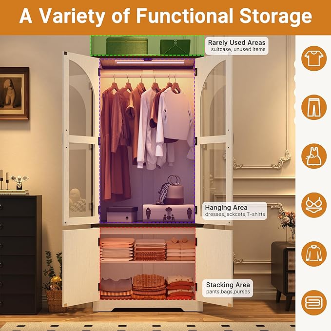 Tall Farmhouse 2 Doors Armoire Wardrobe Closet with LED ,72" Freestanding Arched Wardrobe Closet Cabinet for Bedroom w Glass Doors,Wooden Clothing Storage Cabinet,Closets for Bedroom(White)