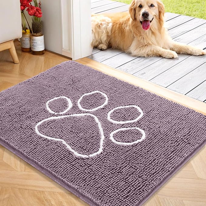 OLANLY Dog Door Mat for Muddy Paws 40x32, Paw Print Design, Absorbs Moisture and Dirt, Absorbent Non-Slip Washable Doormat, Quick Dry Chenille Mud Mat, Entry Indoor Entryway Carpet, Deep Plum