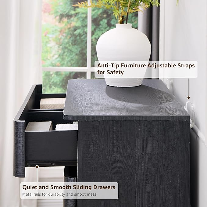 ACCOHOHO 6 Drawer Dresser for Bedroom, 42 Inch Tall Modern Chest of Drawers, Push-to-Open Wood Storgae Organizer with Large Drawers for Bedroom, Living Room, Hallway, Black