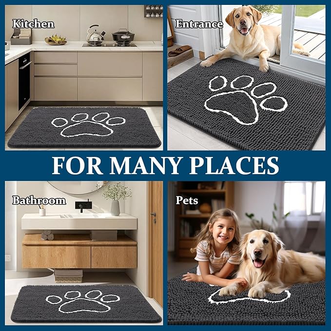 OLANLY Dog Door Mat for Muddy Paws 59x35, Paw Print Design, Absorbs Moisture and Dirt, Absorbent Non-Slip Washable Doormat, Quick Dry Chenille Mud Mat for Dogs, Entry Indoor Entryway Carpet, Dark Grey