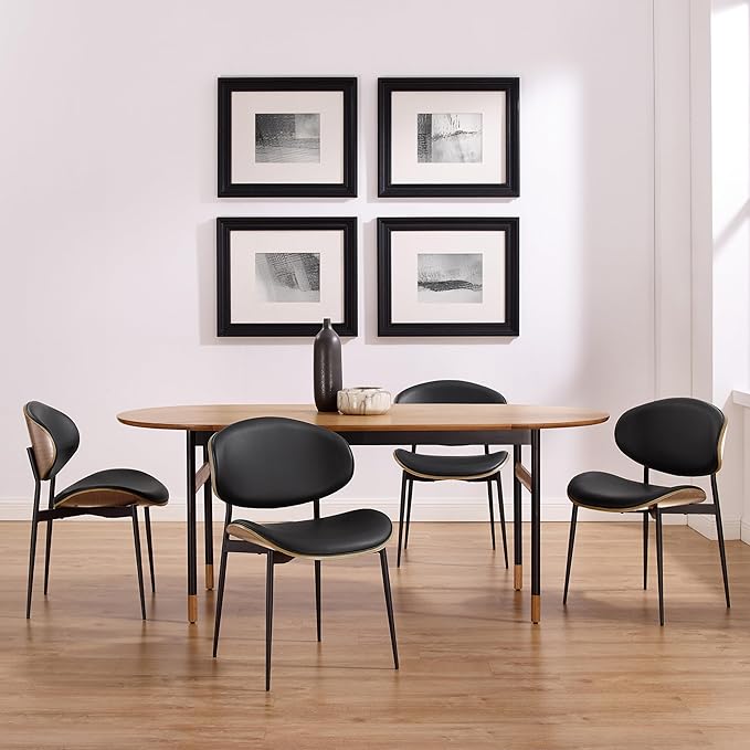 Art Leon Genuine Leather Dining Chairs Set of 4, Mid Century Modern, Upholstered Kitchen Dining Room, Armless Accent with Walnut Bendwood, Brown