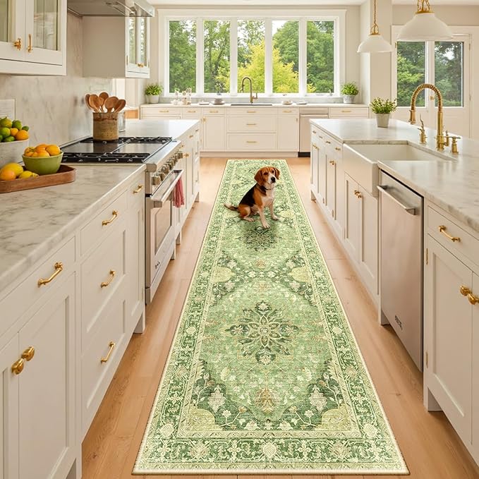 Area Rugs 3'x10' Washable Non-Slip, Floral Vintage Distress Print Pattern Medallion Carpet for Living Room Bedroom Dining Room, Sage Green Yellow