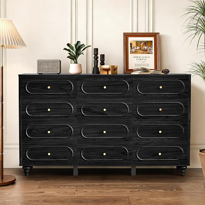 12 Drawer Fluted Dresser for Bedroom, Mid Century Modern Chest of Drawers, Wood Storage Small Dresser Organizer for Bedroom Living Room Hallway Closet, Black