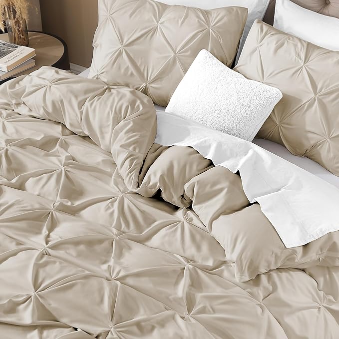Litanika Oatmeal Oversized King Pinch Pleat Duvet Cover, 3 Pieces Pintuck Cover Soft Microfiber Bedding Set with Zipper Closure & Corner Ties(1 Duvet Cover, 2 Pillowcases)