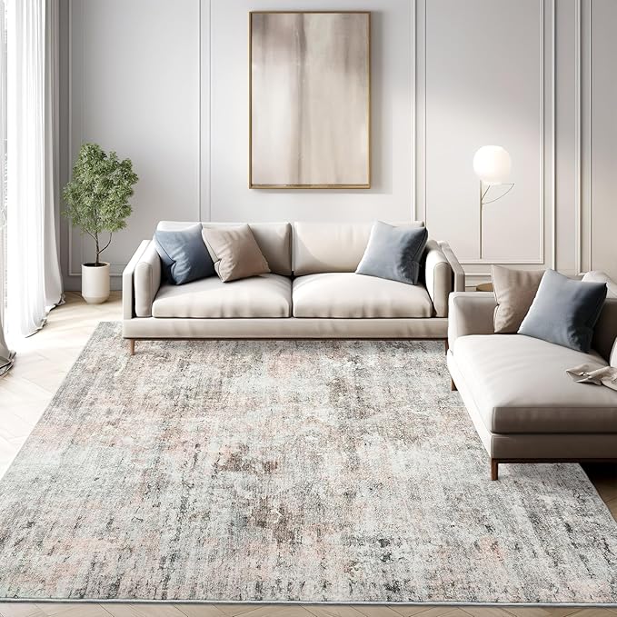 6x9 Abstract Area Rugs for Living Room 6 x 9 Washable Grey Pink Non Slip Low Pile Rugs for Bedroom Dining Room Foldable Thin