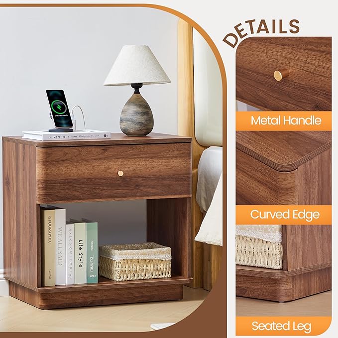 Narrow Nightstand Set of 2, Wooden Small 2 Drawer Nightstand, Slim Side End Table, Skinny Bedside Table, Mid Century Modern Night Stand with Drawers, for Living Room (Walnut-Charging Station-2 pcs)
