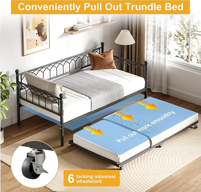 GarveeHome Twin Size Daybed, Sofa Bed Frame with Metal Steel Slat Support, Heavy Duty Metal Bed Frame, Space Saving, Easy Assembly, for Small Spaces, Living Room, Bedroom, Apartment, Black