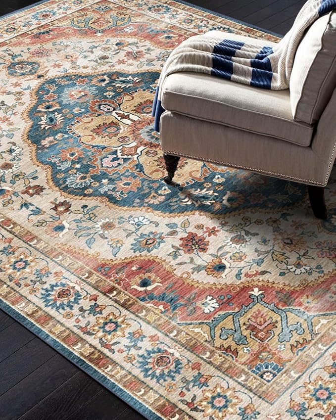 vivorug 9x12 Area Rugs for Living Room, Non Slip Machine Washable Vintage Beige Rug, Ultra-Thin Lightweight Large Area Rug for Bedroom, Dining Room, Low Pile