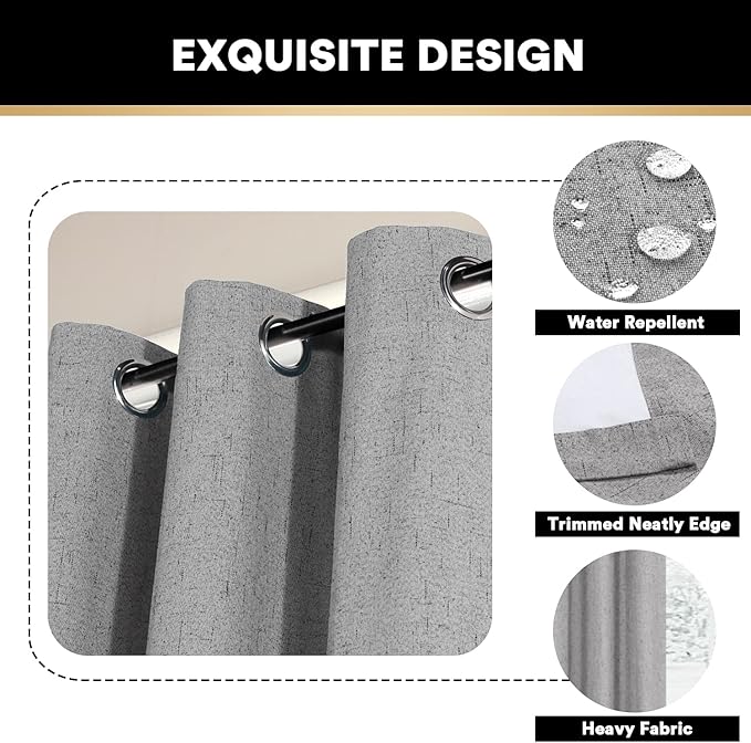 PrinceDeco 100% Blackout Curtains 84 inches Long for Bedroom Dining Room Soundproof Window Treatment Drapes with White Liner Noise Reducing Linen 84 Inch Blackout Curtains，Light Grey，42 x 84 Inch
