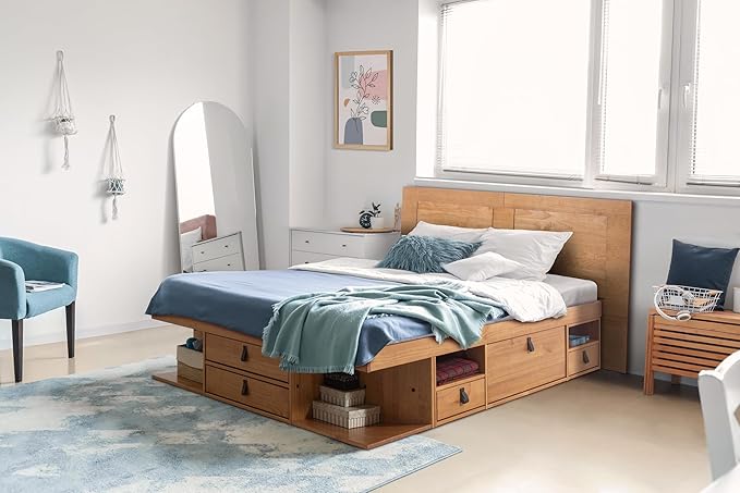 memomad Bali Slim Set: Storage Platform Bed with Drawers + Flat Panel Headboard (Queen Size, Oak Brown Wood)