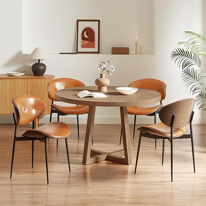 Art Leon Mid Century Modern Dining Chairs, Set of 2, Faux Leather Kitchen Dining Room Chairs, Armless Accent Chairs with Metal Legs, Gray Oak/Brown