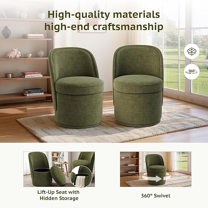 Swivel Accent Chair Set of 2, 360° Swivel Round Chair with Hidden Storage, Vanity Chairs, Modern Small Barrel Armchair for Living Room/Bedroom, Green