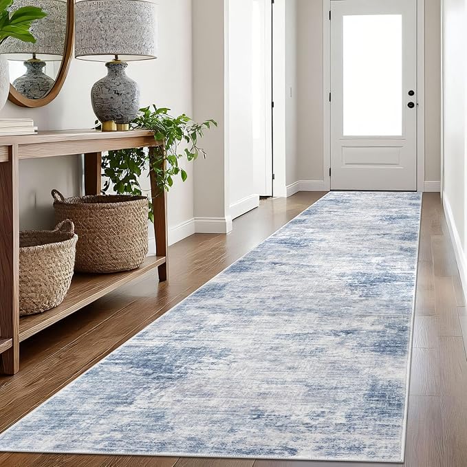 IOHOUZE Abstract Runner Rug 3x16 Ft Washable Runners for Hallways, Non Slip Kitchen Runner Printed Faux Wool Entryway Runner Indoor, Modern Abstract Floor Carpet for Hall Stair, Light Blue White