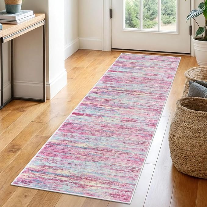 2x6 Modern Abstract Runner Rug for Hallways, Pink Colorful Super Soft Hallway Decor Kitchen Rugs with Non-Slip, Non-Shedding Washable Rug for Entryway Bedroom Indoor