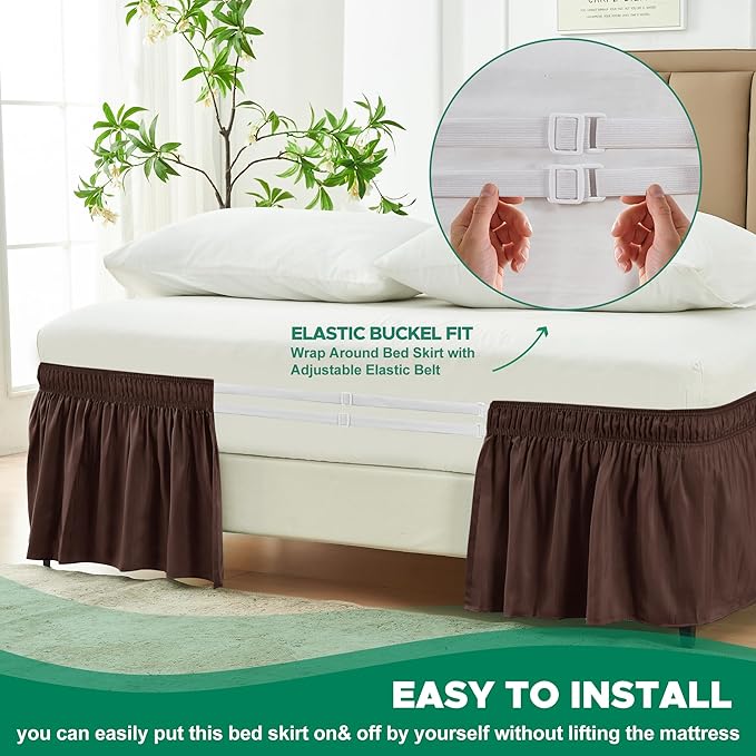 Biscaynebay Wrap Around Bed Skirts for Queen Beds 16" Drop, Brown Adjustable Elastic Dust Ruffles Easy Fit Wrinkle & Fade Resistant Silky Luxurious Fabric Solid Machine Washable