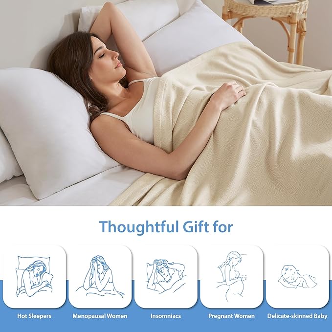 King Size Blanket, 70% Rayon (Derived from Bamboo) and 30% Cotton, Lightweight Jacquard Weave, Breathable and Soft Summer Blanket for Bed or Couch, 108” x 90”, Ivory
