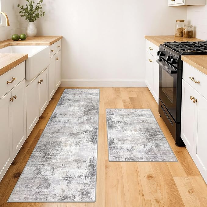 IOHOUZE Abstract Area Rugs and Runners Sets 2x3 and 2x6 Ft, Washable Entryway Rug and Runner Set, Non Slip Kitchen Rug Set, Printed Faux Wool Modern Floor Carpet for Hall Kitchen Entrance, Grey Beige