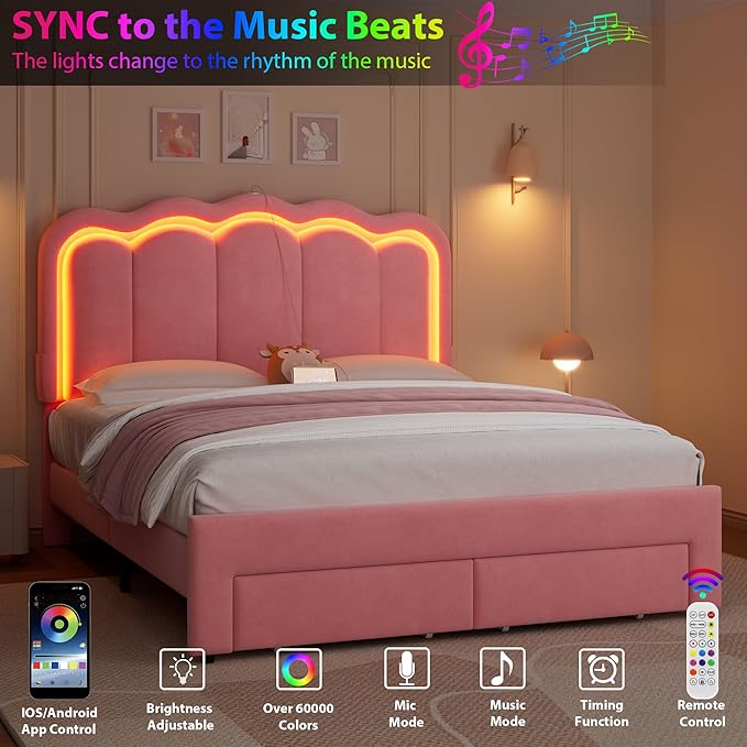 Velvet Upholstered Queen LED Bed Frame with 2 Storage Drawers and Adjustable Chic Double Wavy Headboard, Princess Platform Bed with Charing Station, Solid Wood Slats Support,No Box Spring Needed,Pink