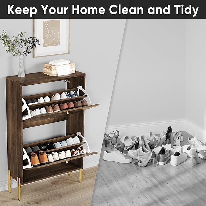 Smuxee Walnut Shoe Cabinet with 2 Flip Drawers, 23.6" Hidden Shoe Storage Cabinet with Golden Metal Feet, Freestanding Shoe Organizer Cabinet for Entryway, Hallway, Living Room
