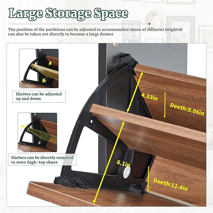47" Fluted Large Shoe Cabinet with 4 Flip Drawers, Slim Freestanding Shoe Cabinet Organizer, Narrow Shoes Storage Rack for Entryway, 5 Sturdy Legs (Walnut with black, 9.45"D x 47.24"W x 35.83"H)