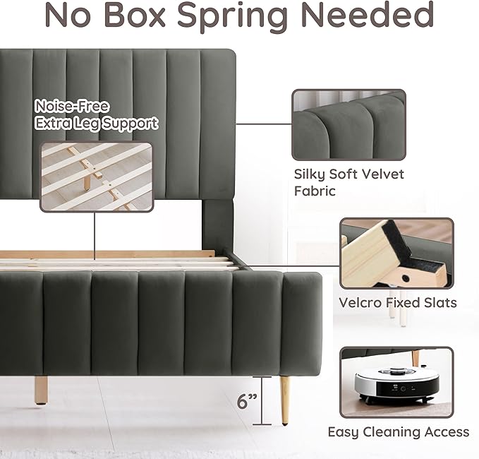 Livinia Queen Size Elton Velvet Platform Bed, Upholstered Bed Frame with Vertical Channel Tufted Headboard Footboard, Strong Wood Slats, No Box Spring Needed, Gray (Queen)