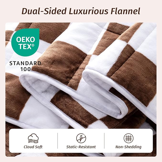Wemore Flannel Fleece Weighted Blanket for Adult Twin Size 15 lbs, Dual Sided Luxurious Checkerboard Grid Heavy Blankets, Ultra Soft Throw Blanket, Plaid Khaki, 48 x 72 inches