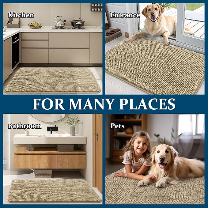 OLANLY Dog Door Mat for Muddy Paws 70x46, Absorbs Moisture and Dirt, Absorbent Non-Slip Washable Doormat, Quick Dry Chenille Mud Mat for Dogs, Entry Indoor Entryway Carpet for Inside Floor, Beige