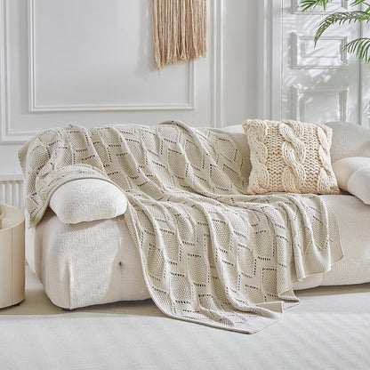 Longhui bedding Chunky Cotton Knit Throw Blanket for Couch, Sofa, Bed, or Chair, Decorative Breathable Fall Cable Knit Blanket 60 x 80 Inches, Large Medium Weight Beige