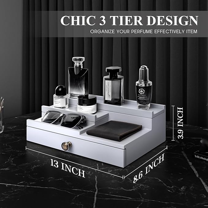 EOSAHR Modern Wooden Cologne Organizer for Men - 3 Tier Perfume Organizer with Storage Drawer and Hidden Compartment - Ideal Gift for your Boyfriend or Dad (Gray)