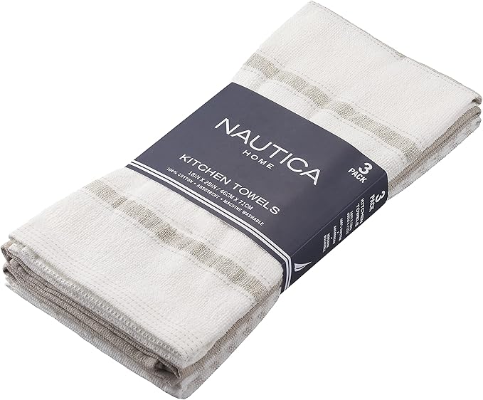Nautica 100% Cotton Kitchen Towels | Super Absorbent Reusable Cleaning Cloths, Tea Towels, Hand Towels for Drying Dishes | Set of 3 | 18" X 28" | Neutral Stripe White