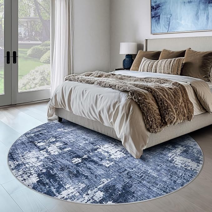 5ft Round Area Rug Living Room Rugs - 5x5 Washable Large Soft Indoor Neutral Modern Abstract Low Pile Rug Carpet for Bedroom Dining Room Farmhouse Home Office - Navy Blue