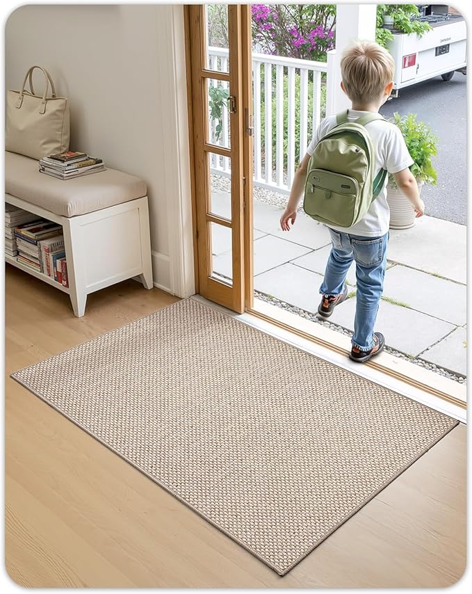 Color&Geometry Ultra-Thin Indoor Door Mat, 36"x56" Low-Profile Non-Slip Entryway Rug with Modern Geometric Texture, Washable Doormat for Indoor Entrance, Front Door, Khaki (Rolled-up NO Creases)
