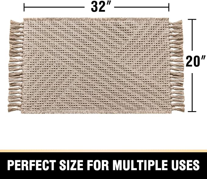 H.VERSAILTEX Waffle Bath Mat Super Absorbent Boho Bath Mat Non Slip Bath Rugs for Bathroom Floor Machine Washable Dry Fast Bathroom Rugs with Handmade Tassels, 20" x 32", Irish Cream