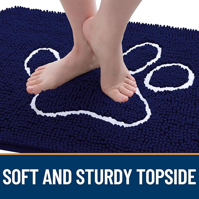 OLANLY Dog Door Mat for Muddy Paws 70x24, Paw Print Design, Absorbs Moisture and Dirt, Absorbent Non-Slip Washable Doormat, Quick Dry Chenille Mud Mat for Dogs, Entry Indoor Entryway Carpet, Navy Blue